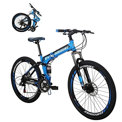 Folding Mountain Bike : Eurobike EUG4 Unisex Adult Folding Bike, 21 Speed Full Suspension Mountain Bike, 26 Inch Folding Bicycle with Disc Brake and 17 inch Frame, 3 Colors (Blue)