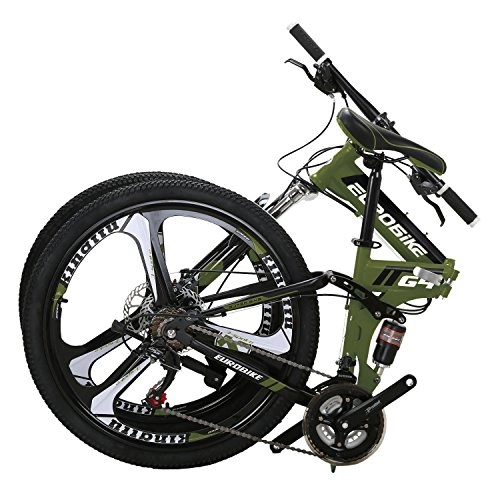 Folding Mountain Bike : Eurobike EURG4 Mountain Bike 26 Inches 3 Spoke Wheels Dual Suspension Folding Bike 21 Speed MTB ArmyGreen