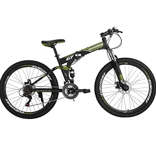 Folding Mountain Bike : Eurobike Folding Bike 21 Speed Full Suspension Bicycle 27.5 inch MTB (Armygreen)