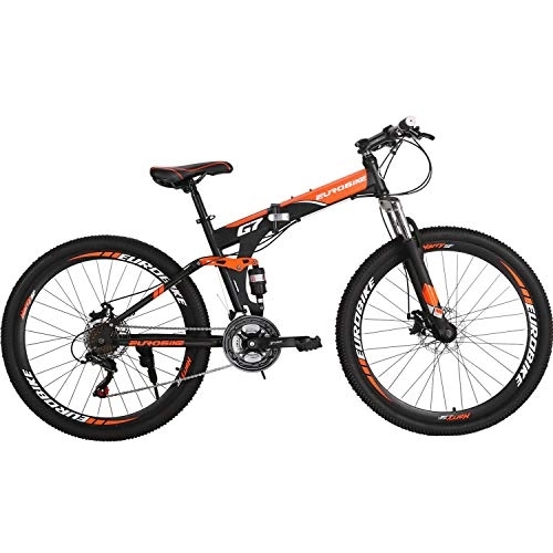 Folding Mountain Bike : Eurobike Folding Bike 21 Speed Full Suspension Bicycle 27.5 inch MTB (Orange)