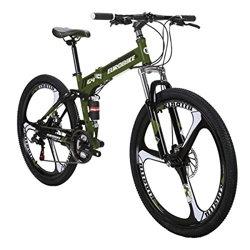 Folding Mountain Bike : Eurobike Folding Bike G4 21 Speed Mountain Bike 26 Inches 3-Spoke Wheels MTB Dual Suspension Bicycle (ArmyGreen)