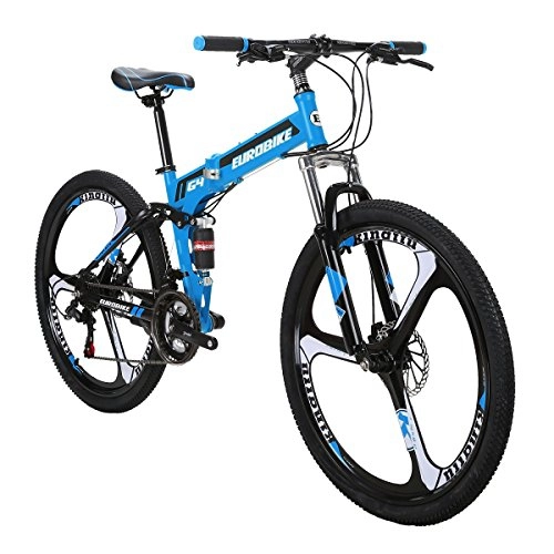 Folding Mountain Bike : Eurobike Folding Bike G4 21 Speed Mountain Bike 26 Inches 3-Spoke Wheels MTB Dual Suspension Bicycle (Blue)