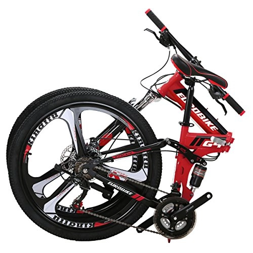 Folding Mountain Bike : Eurobike Folding Bike G4 21 Speed Mountain Bike 26 Inches 3-Spoke Wheels MTB Dual Suspension Bicycle (RED)
