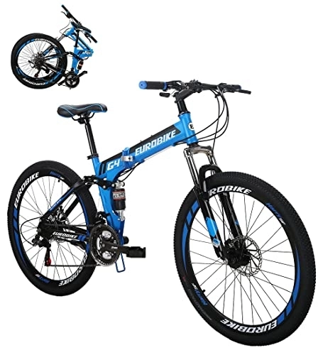 Folding Mountain Bike : Eurobike Folding G4 Mountain Bike, 21 Speed Full Suspension Bike for Men, 26 Inch Adult Folding Bike, Disc Brake Womens Mountain Bicycle (Blue)