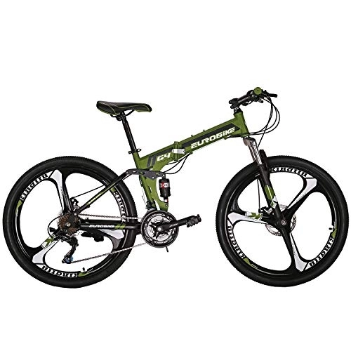 Folding Mountain Bike : Eurobike Folding Mountain Bike 21 Speed Full Suspension 26" Bicycle Disc Brake MTB (Armygreen)