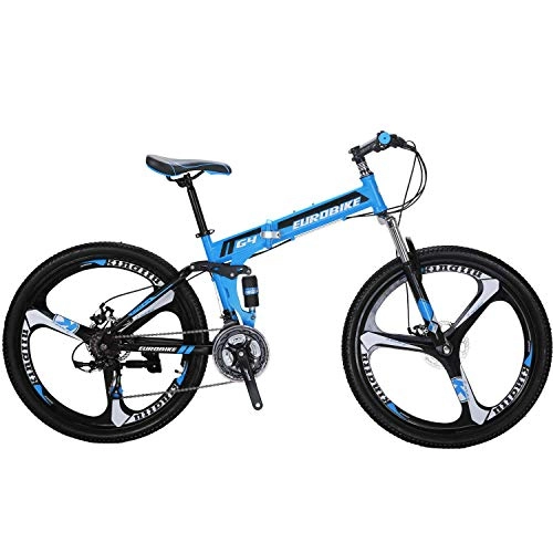 Folding Mountain Bike : Eurobike Folding Mountain Bike 21 Speed Full Suspension 26" Bicycle Disc Brake MTB (Blue)