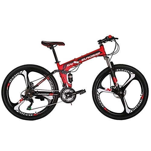 Folding Mountain Bike : Eurobike Folding Mountain Bike 21 Speed Full Suspension 26" Bicycle Disc Brake MTB (Red)