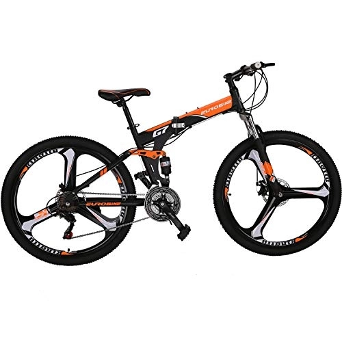 Folding Mountain Bike : Eurobike Folding Mountain Bike 21 Speed Full Suspension mtb Daul Disc Brake Bicycle 27.5” mens (Orange)
