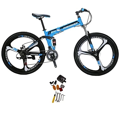 Folding Mountain Bike : Eurobike Folding Mountain Bike 26 inch for Men and Women Adult Bicycles 3 Spoke Wheels Bike G4 (blue)