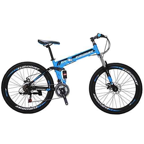 Folding Mountain Bike : Eurobike Folding Mountain Bike for Adults Full Suspension Bicycle 26 / 27.5 inch Foldable Bikes for Mens (G4 Blue)