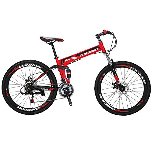 Folding Mountain Bike : Eurobike Folding Mountain Bike for Adults Full Suspension Bicycle 26 / 27.5 inch Foldable Bikes for Mens (G4 Red)