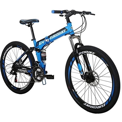 Folding Mountain Bike : Eurobike G4 26 Inch Adult Folding Bike, Dual Disc Brake 26 Mountain Bikes for Adults Men or Women, 21 Speed Full Suspension Foldable Mountain Bicycle, (Blue 32 Spoke)