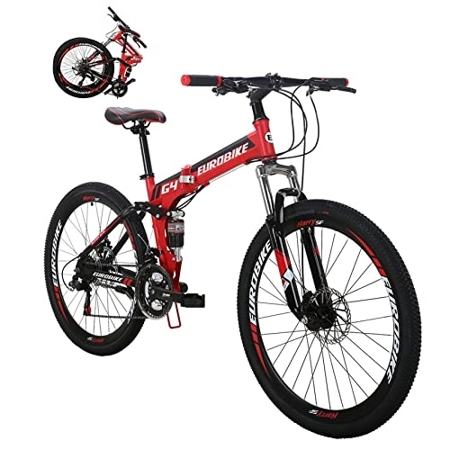 Folding Mountain Bike : Eurobike G4 26 Inch Adult Folding Bike, Dual Disc Brake 26 Mountain Bikes for Adults Men or Women, 21 Speed Full Suspension Foldable Mountain Bicycle (Red 32 Spoke)