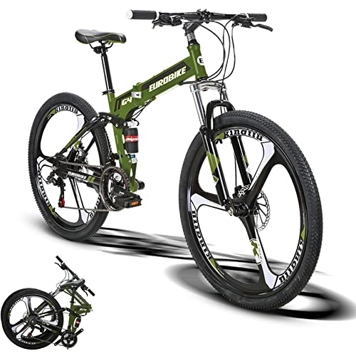 Folding Mountain Bike : Eurobike G4 26 Inch Adult Folding Bike, Dual Disc Brake Full Suspension Mountain Bikes for Adults Men or Women, 21 Speed Foldable Mountain Bicycle (ArmyGreen 3 Spoke)