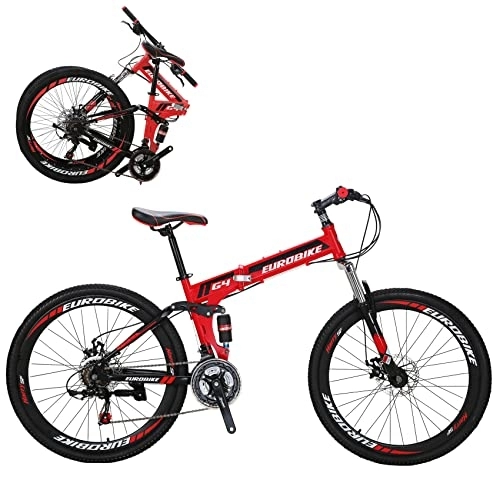 Folding Mountain Bike : Eurobike G4 Folding Bike 21 Speed 26 Inches Dual Disc Brakes K Spoke Wheel Mountain Bike for Adult (SPOKE-RED)