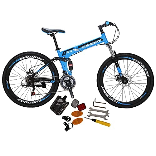 Folding Mountain Bike : Eurobike G4 Mountain Bike 21 Speed 26 Inches Wire Spoke Wheel Dual Suspension Folding Bike Blue