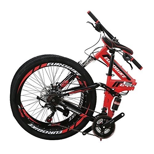 Folding Mountain Bike : Eurobike HY G4 26 Inch Folding Mountain Bike, 21 Speed Full Suspension MTB Foldable Bicycle, Dual Disc Brake Folding Bikes for Adults Men and Women (G4 32 Spoke Red)