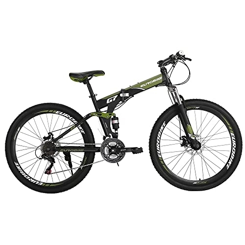 Folding Mountain Bike : Eurobike HY G7 Adult Folding Mountain Bike, Dual Suspension Mountain Bikes with 27.5 Inches 32-Spoke Wheel, 21 Speed Mens and Womens Foldable Mountain Bicycle Armygreen
