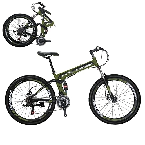 Folding Mountain Bike : Eurobike JMC G4 Adult 26 Inches Folding Mountain Bike 21 Speed MTB Bike Disc Brake Bicycle (ArmyGreen spoke wheel)
