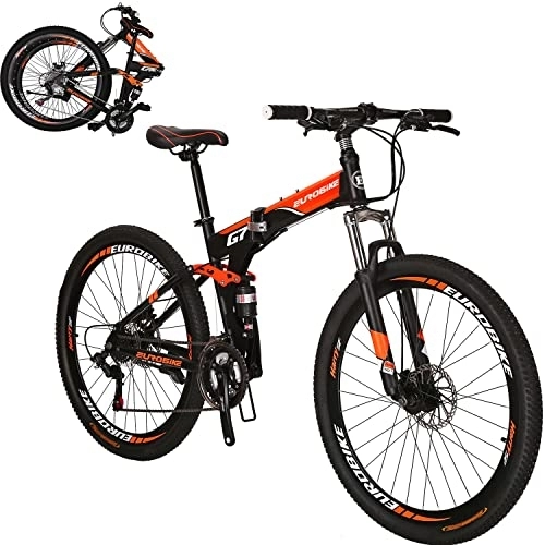 Folding Mountain Bike : Eurobike Mountain Bike，Dual Suspension Folding Mountain Bikes, 21 Speed Foldable Frame, 27.5-inch full suspension Bicycle For Men or Women (Aluminum wheel Orange)