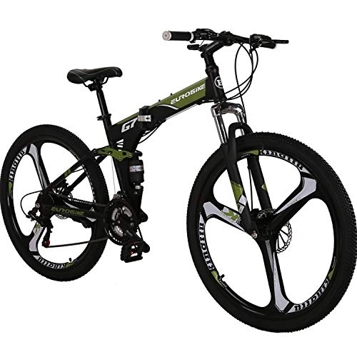 Folding Mountain Bike : Eurobike Mountain Bike，Dual Suspension Folding Mountain Bikes, 21 Speed Foldable Frame, 27.5-inch full suspension Bicycle For Men or Women (K wheel Green)