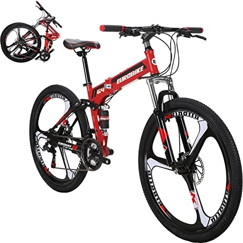 Folding Mountain Bike : Eurobike OBK 26-inch Folding Mountain Bike 21 Speed Full Suspension Folding Bicycle Dual Disc Brakes Unisex For Adults (Wheel 2 Red)