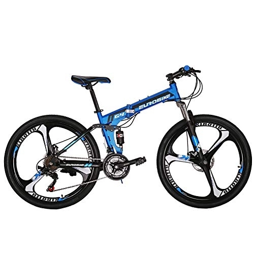 Folding Mountain Bike : Eurobike OBk G4 Folding Mountain Bike 21 Speed Bicycle Full Suspension MTB Foldable Frame 26” 3 Spoke Wheels (Blue)