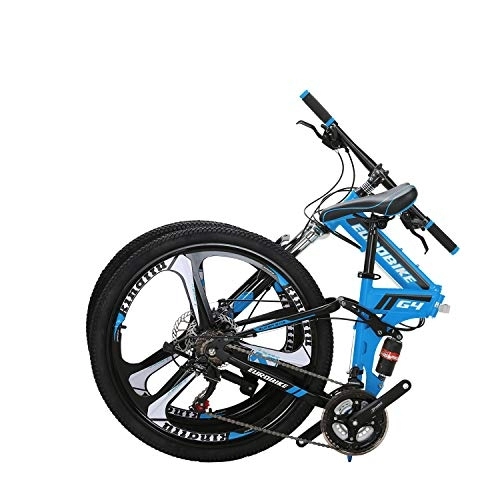 Folding Mountain Bike : Eurobike OBk G4 Folding Mountain Bike 21 Speed Bicycle Full Suspension MTB Foldable Frame 26” 3 Spoke Wheels (Blue) …