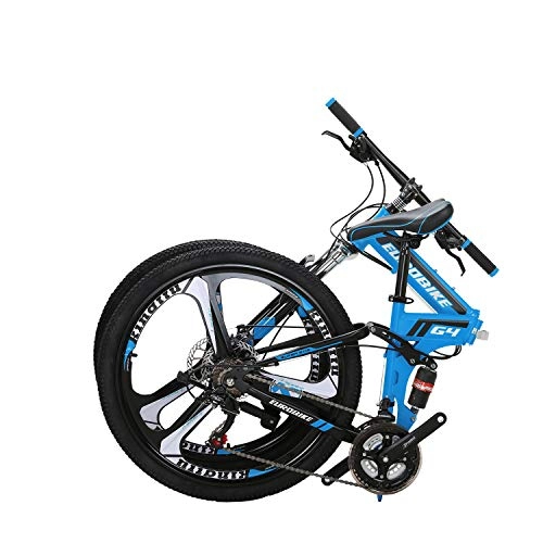 Folding Mountain Bike : Eurobike OBk G4 Folding Mountain Bike 21 Speed Bicycle Full Suspension MTB Foldable Frame 26" 3 Spoke Wheels (Blue)