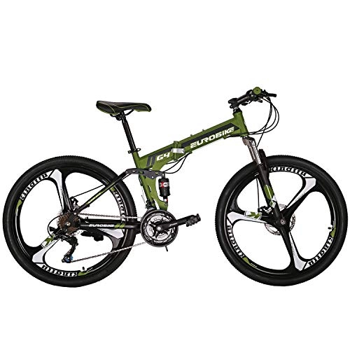 Folding Mountain Bike : Eurobike OBk G4 Folding Mountain Bike 21 Speed Bicycle Full Suspension MTB Foldable Frame 26 3 Spoke Wheels (Green)