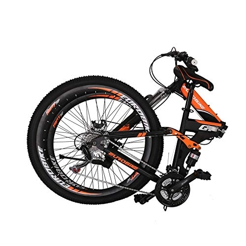 Folding Mountain Bike : Eurobike OBK G7 Folding Bike 21 Speed Full Suspension Mountain Bicycle 27.5” Daul Disc Brake Mens Bikes Foldable Frame (Orange Spoke wheels)