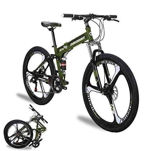 Folding Mountain Bike : Eurobike YH-G4 Folding Mountain Bike for Adults, 26 Inch Mountain bikes, 21 Speed Full Suspension, Dual Disc Brakes, Foldable Frame Bicycle (GREEN)