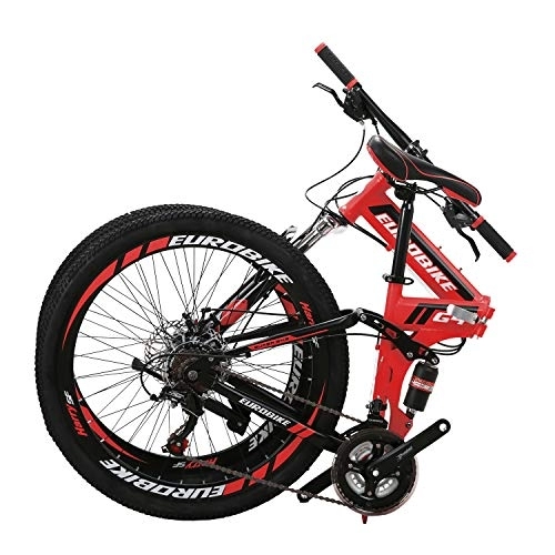 Folding Mountain Bike : Eurobike YH-G4 Folding Mountain Bike for Adults 26 Inch Wheels 21 Speed Full Suspension Dual Disc Brakes Foldable Frame Bicycle (Red)