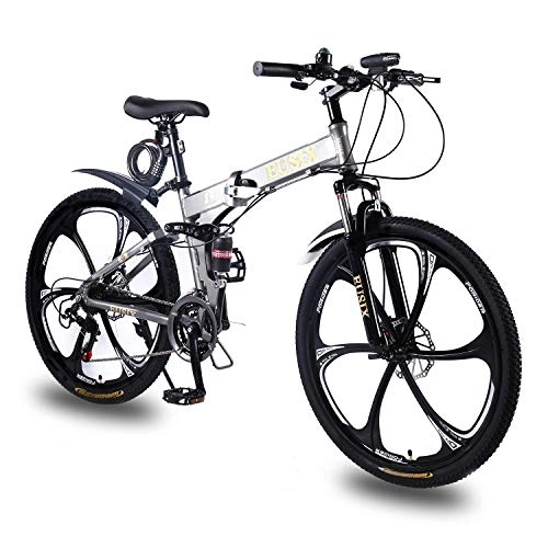 Folding Mountain Bike : EUSIX X9 26 inches Mountain Bike for Men and Women Aluminum Frame Folding Bicycle with Dual Suspension and 21 Speed Gear Men Bike MTB (Grey)