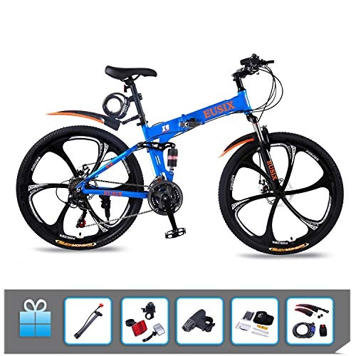Folding Mountain Bike : EUSIX X9 26 Inches Mountain Bike for Men and Women Aluminum Frame Folding Bicycle with Dual Suspension and 21 Speed Gear Mens Mountain Bicycle MTB