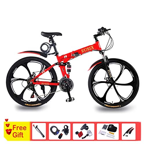 Folding Mountain Bike : EUSIX X9 26 inches Mountain Bike for Men and Women Aluminum Frame Folding Bicycle with Suspension and 21 Speed Gear