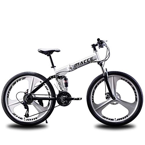 Folding Mountain Bike : F-JWZS Unisex 26 Inch Mountain Bike, 21 / 24 / 27 Speed Dual Suspension Folding Bike, with Disc Brake, for Student, Child, Adult Commuter City, White, 21speed
