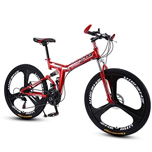 Folding Mountain Bike : F-JWZS Unisex Dual Suspension Mountain Bike, 21 speed Folding Bike, with 24 / 26 Inch 3-Spoke Wheels and Disc Brake, for Student, Child, Adult Commuter City, Red, 24in