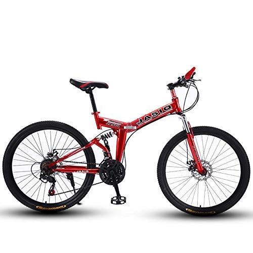 Folding Mountain Bike : F-JWZS Unisex Dual Suspension Mountain Bike, 21 speed Folding Bike, with 24 / 26 inch Wheels and Double Disc Brake, for Student, Child, Adult Commuter City, Red, 24in