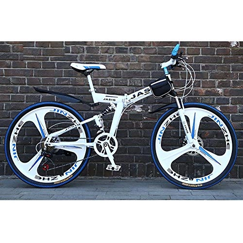 Folding Mountain Bike : F-JWZS Unisex Dual Suspension Mountain Bike, 21 speed Folding Bike, with 24 inch 3-Spoke Wheels and Double Disc Brake, for Student, Child, Adult Commuter City, White