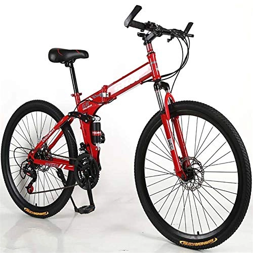 Folding Mountain Bike : F-JWZS Unisex Dual Suspension Mountain Bike, 21 speed Folding Bike, with 26 Inch Wheels and Disc Brake, for Student, Child, Adult Commuter City, Red