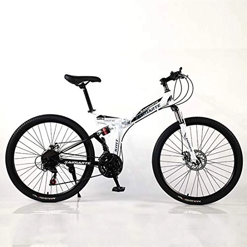 Folding Mountain Bike : F-JWZS Unisex Dual Suspension Mountain Bike, 24 Inch Folding Bike, 21 / 24 / 27 Speed with Disc Brake - for Student, Child and Adult, White, 24Speed