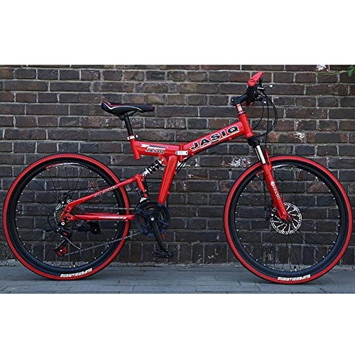 Folding Mountain Bike : F-JWZS Unisex Mountain Bike 21 Speed Dual Suspension Folding Bike 24 Inches Wheels with Double Disc Brake, for Student, Child, Adult Commuter City, Red
