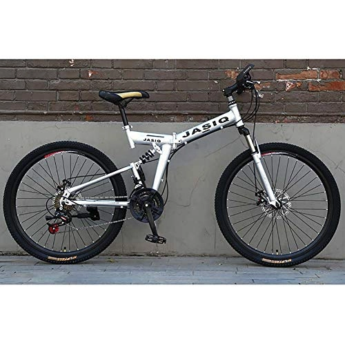 Folding Mountain Bike : F-JWZS Unisex Mountain Bike 21 Speed Dual Suspension Folding Bike 24 Inches Wheels with Double Disc Brake, for Student, Child, Adult Commuter City, Silver