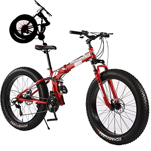 Folding Mountain Bike : Fat Tires Folding Bike for Adults Foldable Adult Bicycles Folding Mountain Bike with Suspension Fork 21 Speed Gears Folding Bike Folding City Bike High Carbon Steel Frame, Red, 26inch