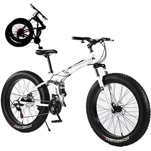 Folding Mountain Bike : Fat Tires Folding Bike for Adults Foldable Adult Bicycles Folding Mountain Bike with Suspension Fork 21 Speed Gears Folding Bike Folding City Bike High Carbon Steel Frame, White, 24inch