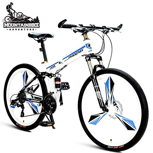 Folding Mountain Bike : FHKBK 26 Inch Mountain Bikes with Dual Suspension for Adult Men / Women, 21 Speed Folding Anti-Slip Off-Road Mountain Bicycle, Dual Disc Brake & Adjustable Seat, White, 3 Spokes