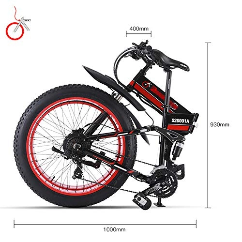 Folding Mountain Bike : FJNS 21 Speeds 48V 1000W Beach Snow Electric Bicycle, Folding Electric Bike 26 Inch 4.0 Fat Tire with Hydraulic Disc Brakes and Removable Lithium Battery, Speed 35KM / h, Red50