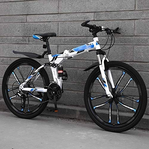 Folding Mountain Bike : FLJMR 26 Inch Mountain Bike Folding Bikes, 27-Speed Compact Folding Commuter Double Disc Brake Full Suspension Bicycle, Off-Road Variable Speed Bikes for Men and Women, Blue
