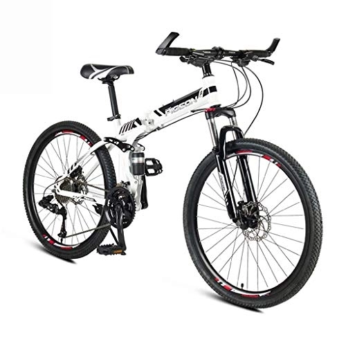 Folding Mountain Bike : Foldable Adult Mountain Bike, 24 / 26 Inch Wheels, High Carbon Steel Outroad Bicycles, 24-Speed Bicycle Full Suspension MTB Gears Dual Disc Brakes Mountain Bicycle (Color : White, Size : 24inch) feng